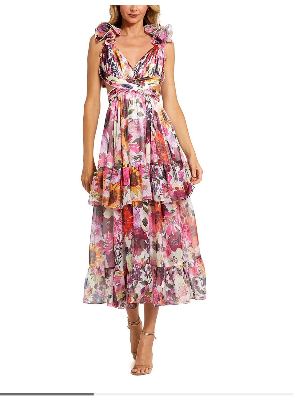 Mac Duggal Pink Multi Floral Backless V-Neck Ruffle-Sleeve Dress